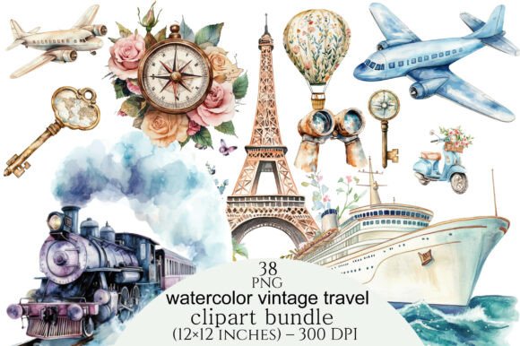 Download Watercolor Vintage Travel Clipart Bundle - Travel clipart Collection