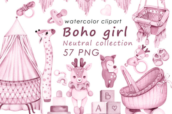 Download Baby Boho Pink Watercolor Clipart PNG - Premium Bundle